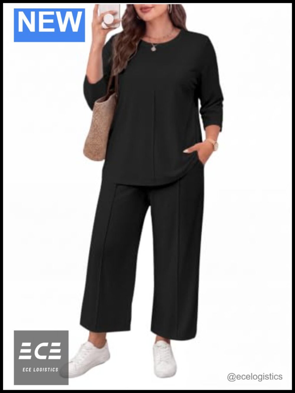 Women's Plus Size 2 Piece Lounge Set 3/4 Sleeve Top Wide Leg Pants